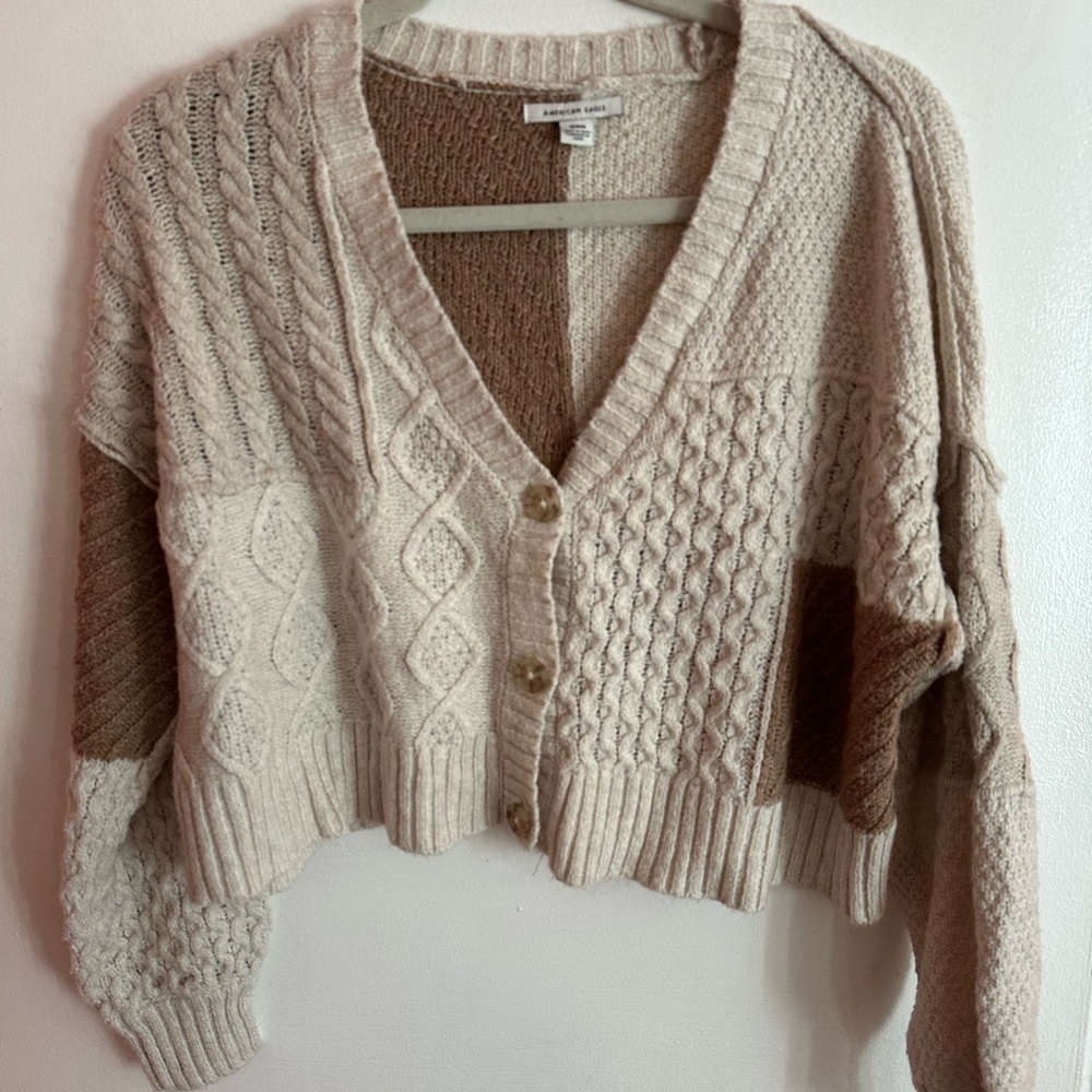 American Eagle Outfitters Patchwork Cable Knit Cardigan - Cream and Brown